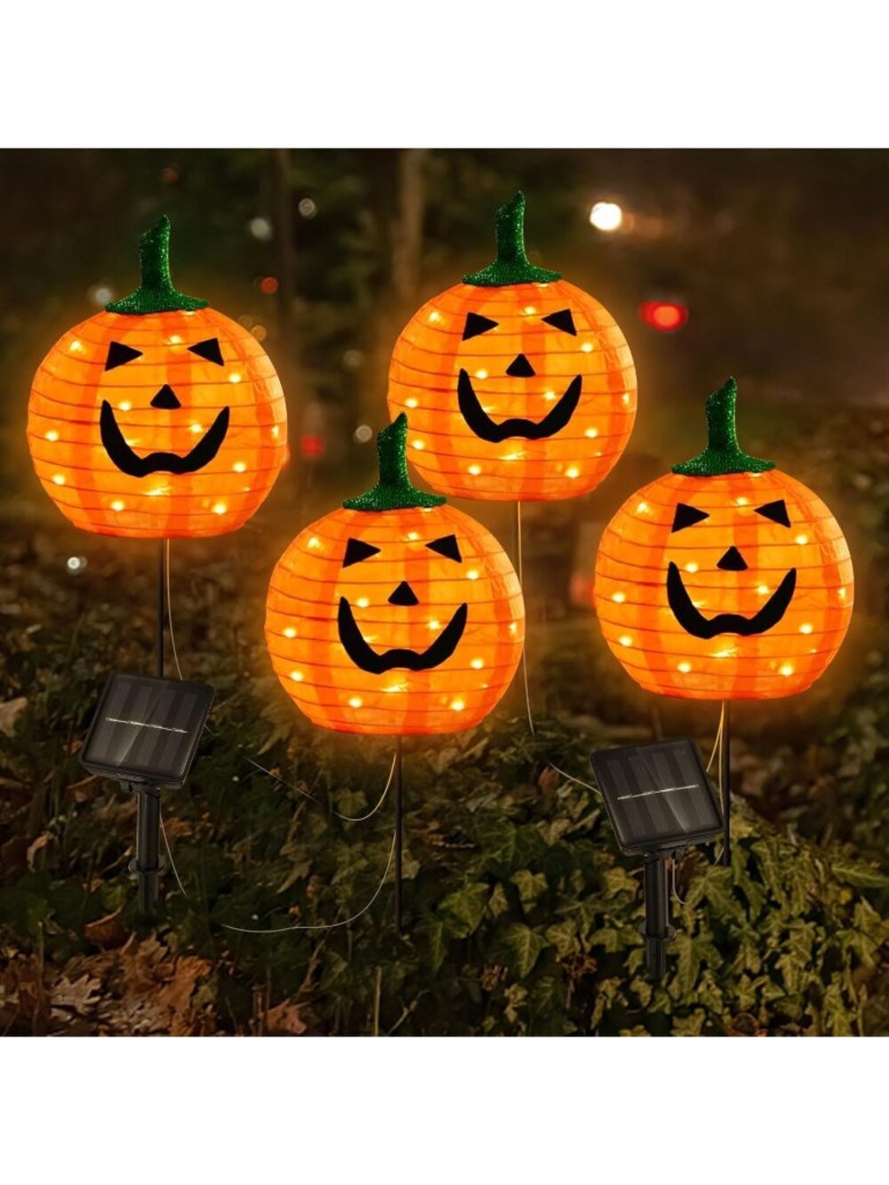 4 Pack Solar Halloween Pumpkin Pathway Stake Lights Outdoor Weather Resistant